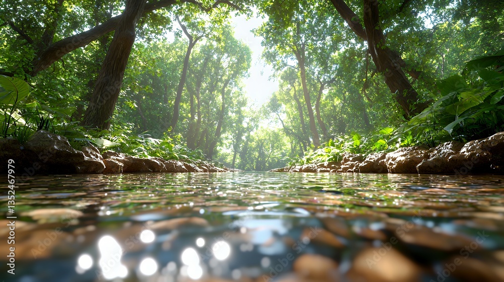 Fototapeta premium Lush Forest Stream Sunlight Through Trees Reflecting on Water Surface