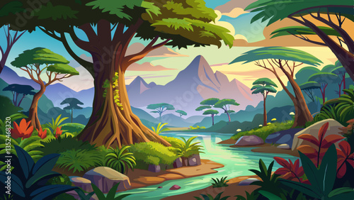 tree cameroon rainforest central illustration tropical natural, congo travel, landscape jungle tree cameroon rainforest central