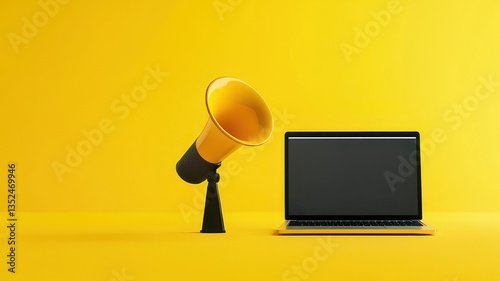 Yellow Background with Laptop and Megaphone for Communication Concept