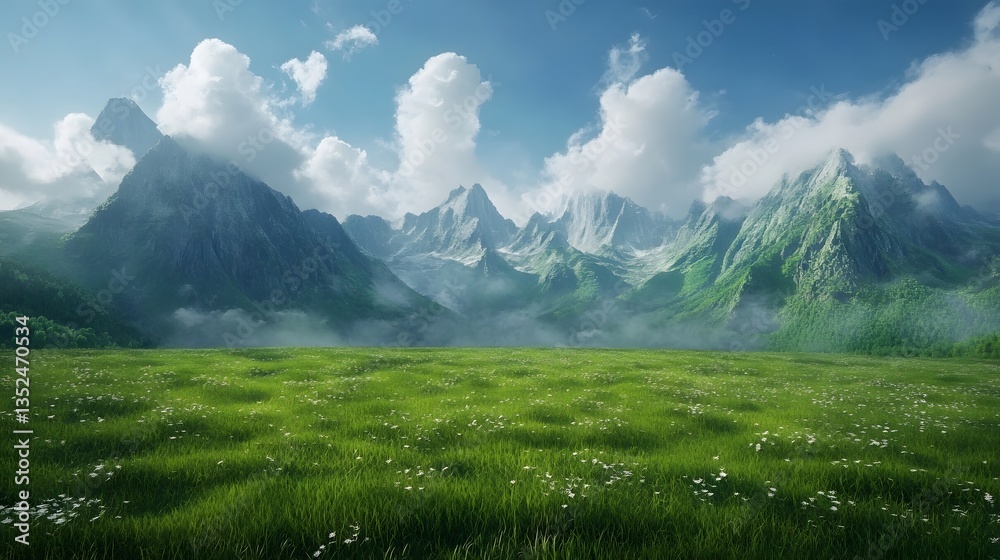 Fototapeta premium Serene Meadow Landscape Majestic Mountains Lush Grass and White Flowers under a Cloudy Sky