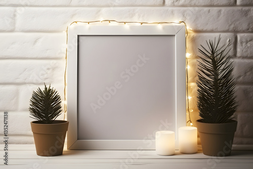 Artifical Intelligence generated image of interior with empty frame. Blank picture frame hanging on wall, AI generated image

