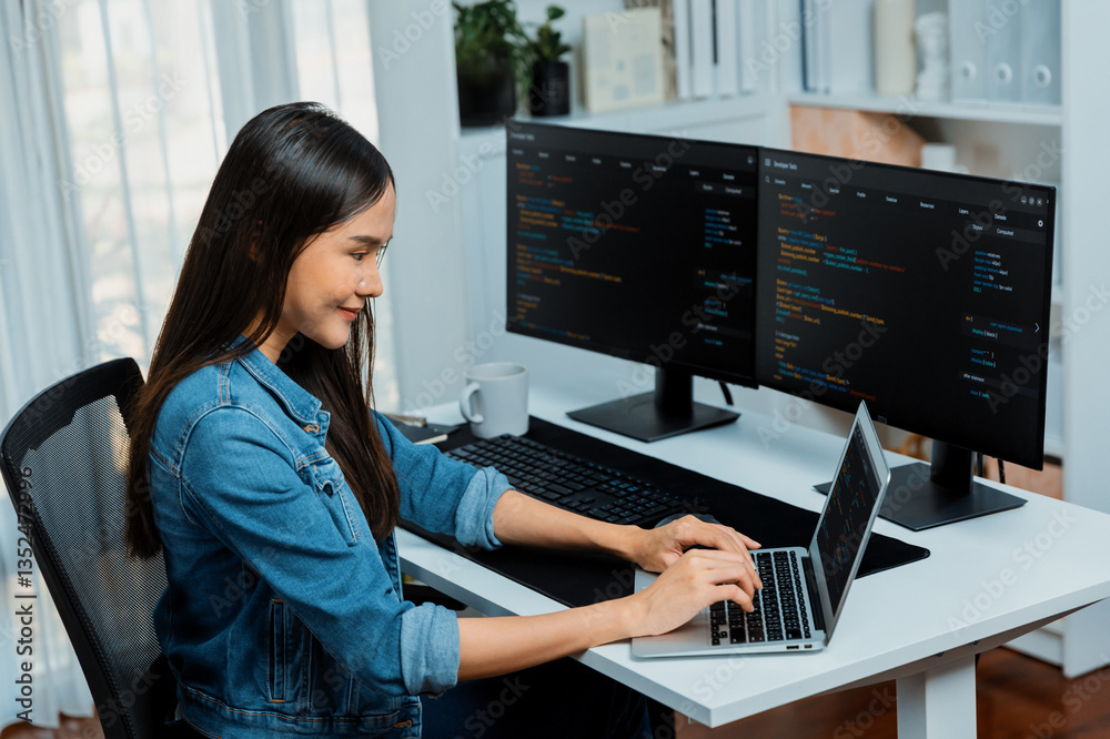 Smiling young Asian in IT developer creating with typing online information on laptop with coding program data of application, wearing jeans shirt. surrounded by safety analysis two screen. Stratagem. Smiling young Asian in IT developer creating with typing online information on laptop with coding program data of application, wearing jeans shirt. surrounded by safety analysis two screen. Stratagem.