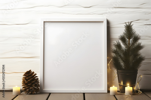 Artifical Intelligence generated image of interior with empty frame. Blank picture frame hanging on wall, AI generated image
