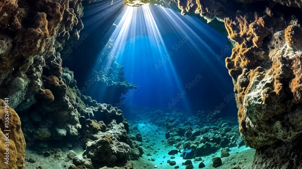 Unterwasserblick mit Sonnenlicht durch Höhle