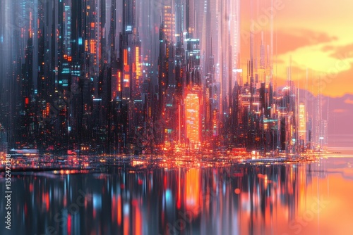 A futuristic city skyline reflected on a body of water
