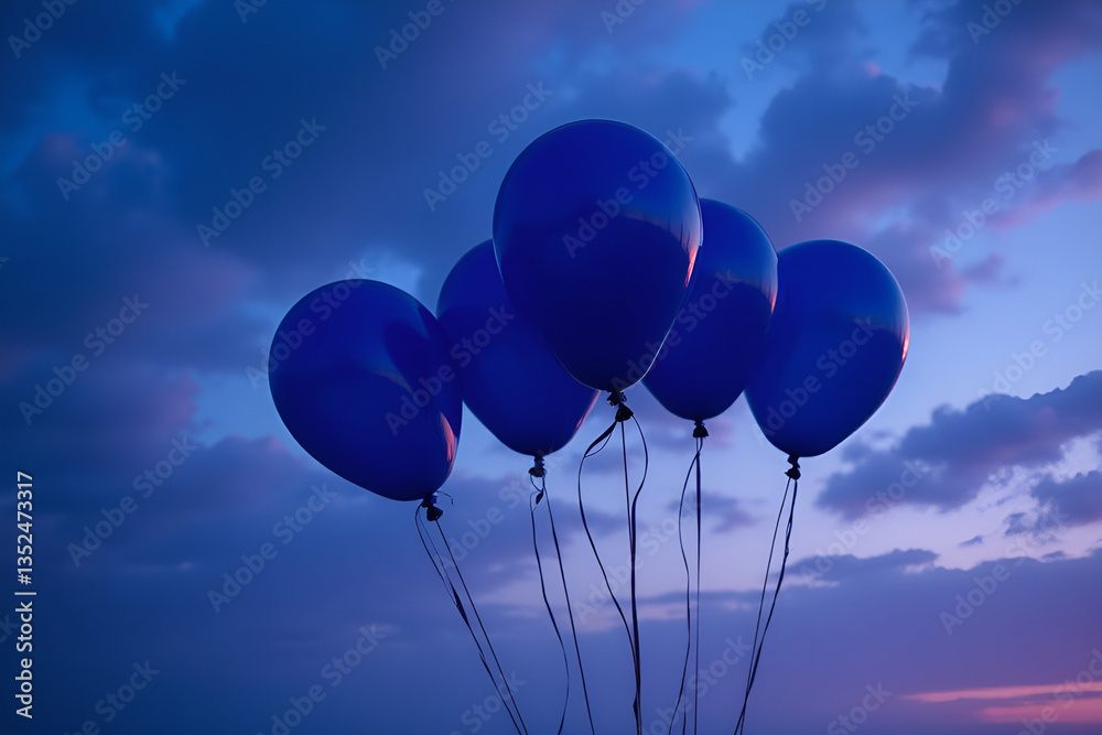 Fototapeta premium A group of deep blue helium balloons floating gracefully against a dramatic twilight sky. The background consists of a gradient from dark indigo to soft purple, creating a striking contrast 