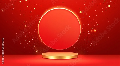 Product showcase on a red-themed exhibition booth with golden particles, perfect for business, commercial celebrations, product launches, and e-commerce events, with ample whitespace background to emp