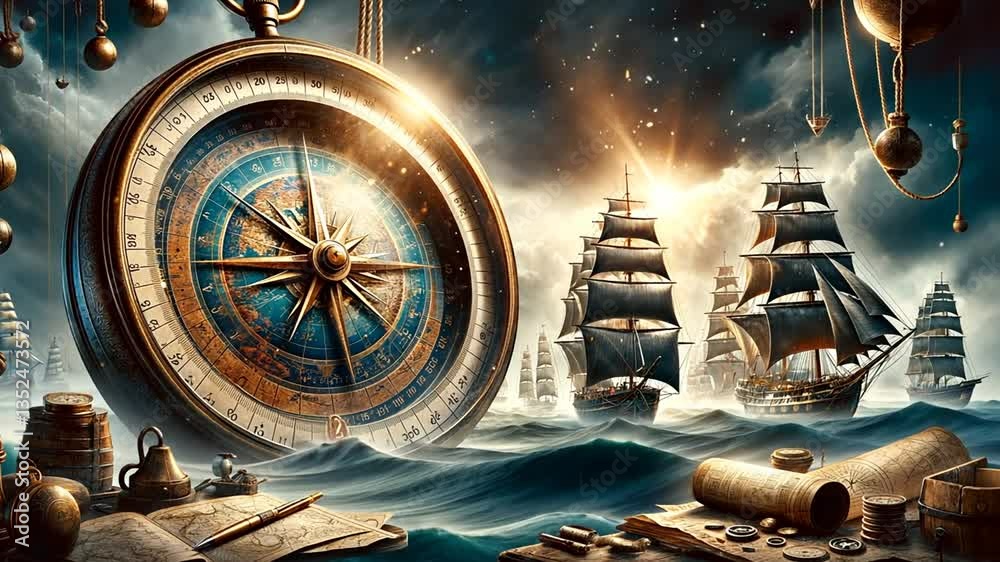 Kompass und Segelschiff auf stürmischem Ozean