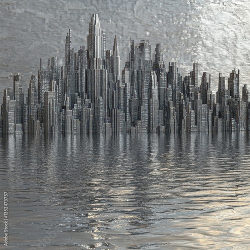 A futuristic cityscape constructed with reflective surfaces and calm waters