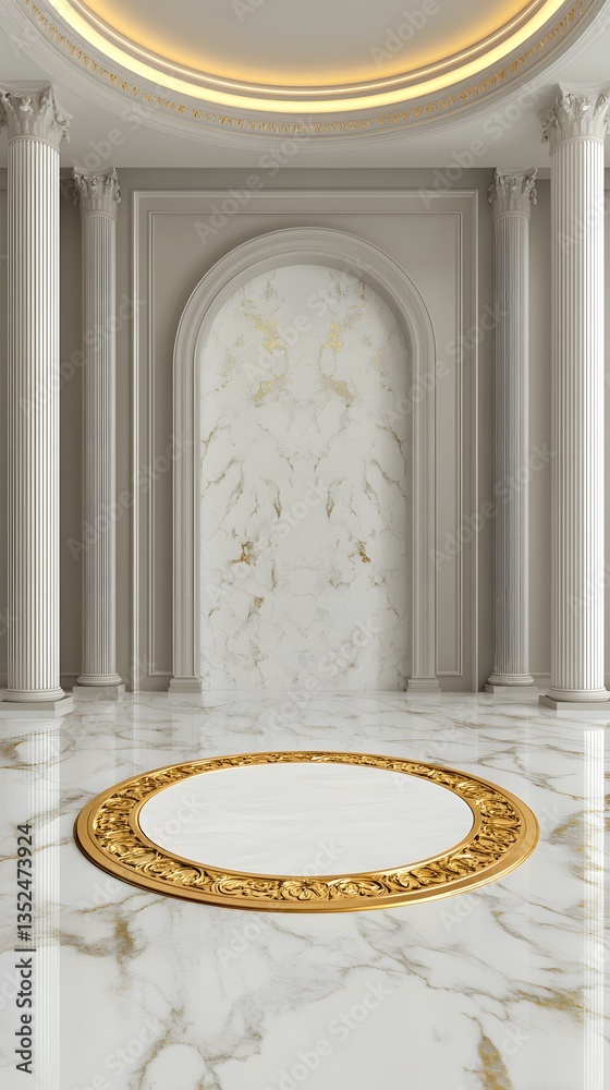 Obraz premium A solid white marble podium with elegant gold inlays, placed in a high-end luxury setting