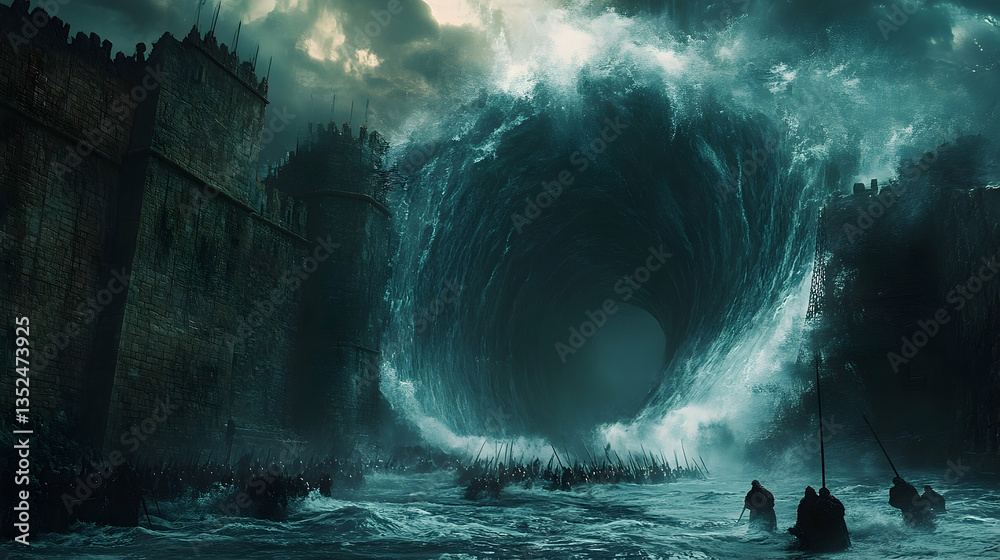 Obraz premium A colossal wave crashes against a fortified castle, with figures bracing for impact amidst dark skies