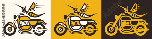 Set of minimalist, simple, electric, modern, outline busy bee or wasp riding a classic motorcycle, bike, speedy bee silhouette vector illustration design