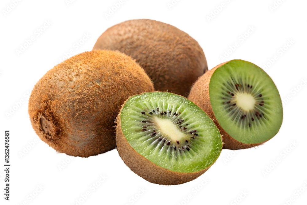 Obraz premium Fresh Kiwi Fruits with Slices Isolated on Light Background for Tropical Fruit.