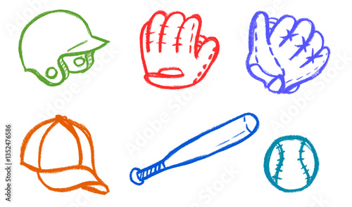 Baseball Equipment Related Icons Crayon Chalk Drawing Vector Set