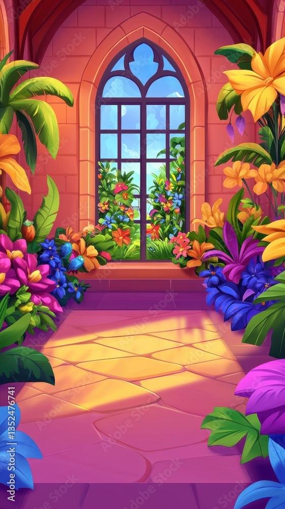 Fototapeta premium A colorful garden scene with a bright arched window view