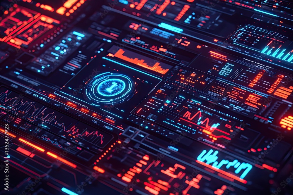 Futuristic data dashboards, information display, interface in a complex network, with numerous charts and graphs in the background Futuristic data dashboards, information display, interface in a complex network, with numerous charts and graphs in the background