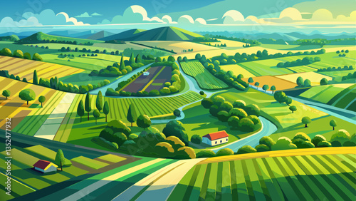 Top aerial view of green fields and meadows in summer. Abstract landscape with lines of fields, grass, trees, sunny sky and lush foliage. Landscape with ..
