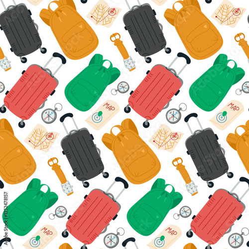 Seamless travel-themed pattern with suitcases, backpacks, maps, compasses, and watches in a colorful, modern design. Vector hand drawn flat illustration on white background