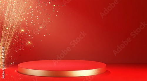 Product showcase on a red-themed exhibition booth with golden particles, perfect for business, commercial celebrations, product launches, and e-commerce events, with ample whitespace background to emp