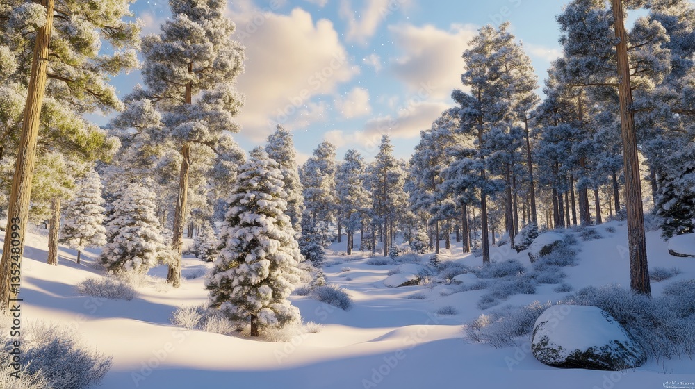 Fototapeta premium Snow covered trees and a winter scene under a bright sky