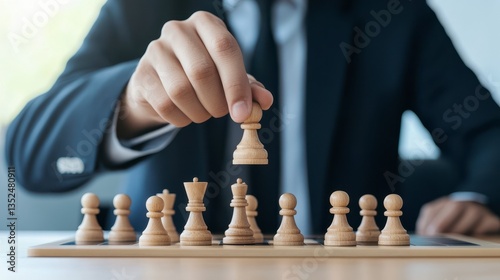 Strategic Move: A businessman in a tailored suit contemplates the next move in a chess game, highlighting the strategic thinking and decision-making processes crucial in business and life.
