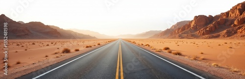 Empty desert road leads to horizon under sky. Straight highway runs across landscape. Yellow road marking lines lead way. Travel, trip, journey, drive, scenic nature, freedom concept.