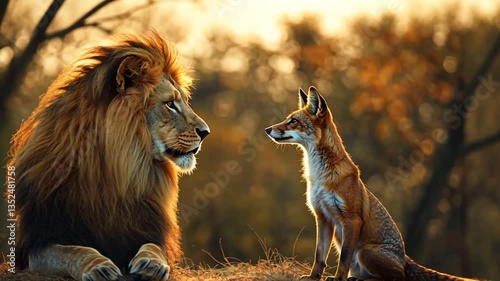 Lion and fox encounter in golden forest, wildlife interaction