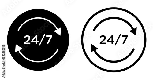 24 7 icons symbol. Flat and line design style.