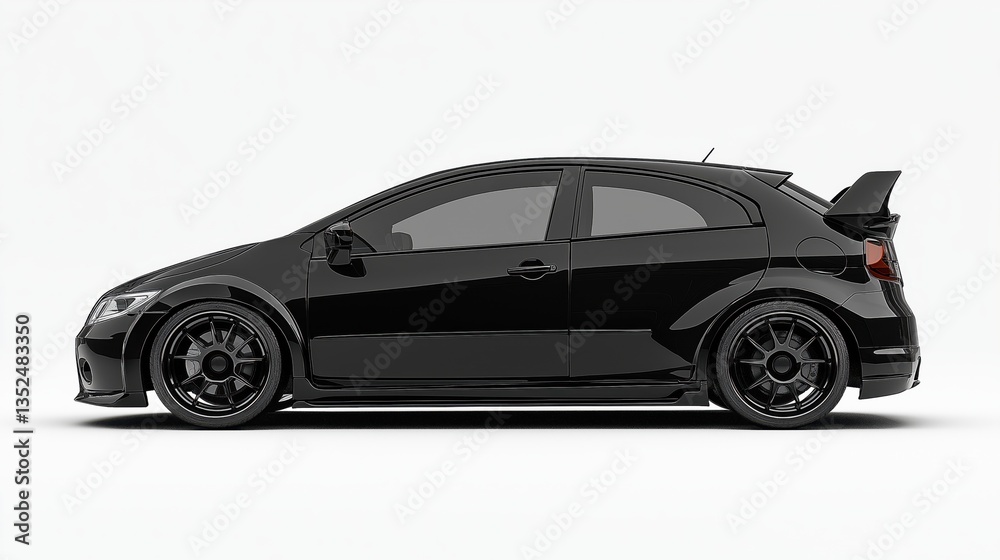 Fototapeta premium dark gray metallic hatchback car, rendered in photorealistic style with highly reflective surfaces