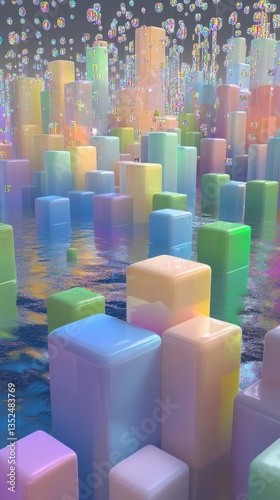 Colorful pillars floating in reflective water with dispersed bubbles