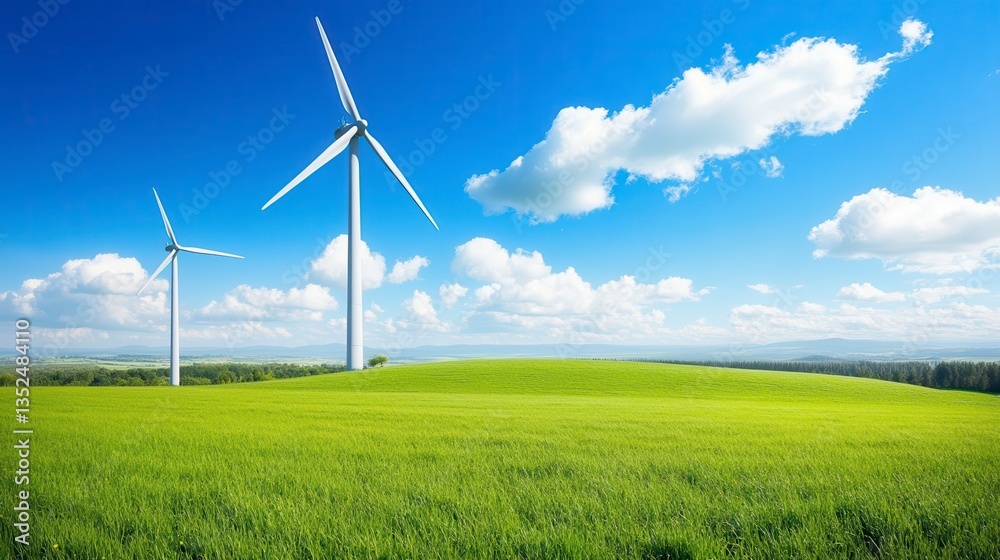 Sustainable Power: Wind turbines gracefully harness the wind's energy on a lush green field beneath a vibrant blue sky. Sustainable Power: Wind turbines gracefully harness the wind's energy on a lush green field beneath a vibrant blue sky.