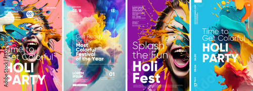 Holi, great design for any purposes. Set of vector illustrations. Happy festive background. Festive banner. Typography design and vectorized 3D illustrations on the background.