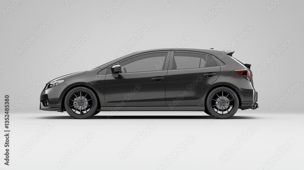 dark gray metallic hatchback car, rendered in photorealistic style with highly reflective surfaces dark gray metallic hatchback car, rendered in photorealistic style with highly reflective surfaces