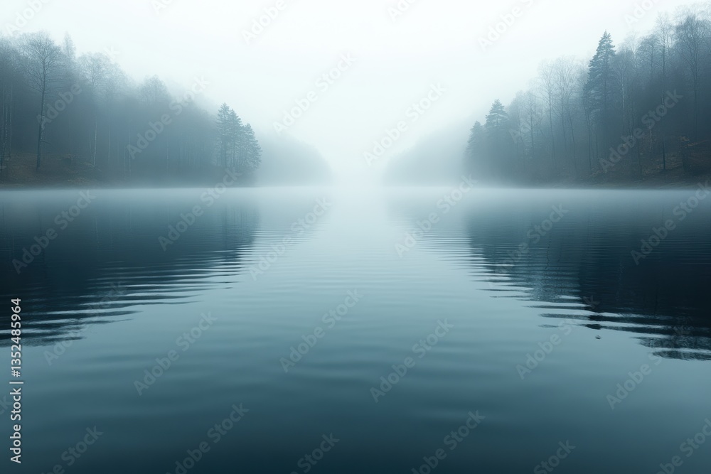 A tranquil lake scene shrouded in mist, reflecting serene trees on the water's surface, capturing a moment of peace and solitude. A tranquil lake scene shrouded in mist, reflecting serene trees on the water's surface, capturing a moment of peace and solitude.