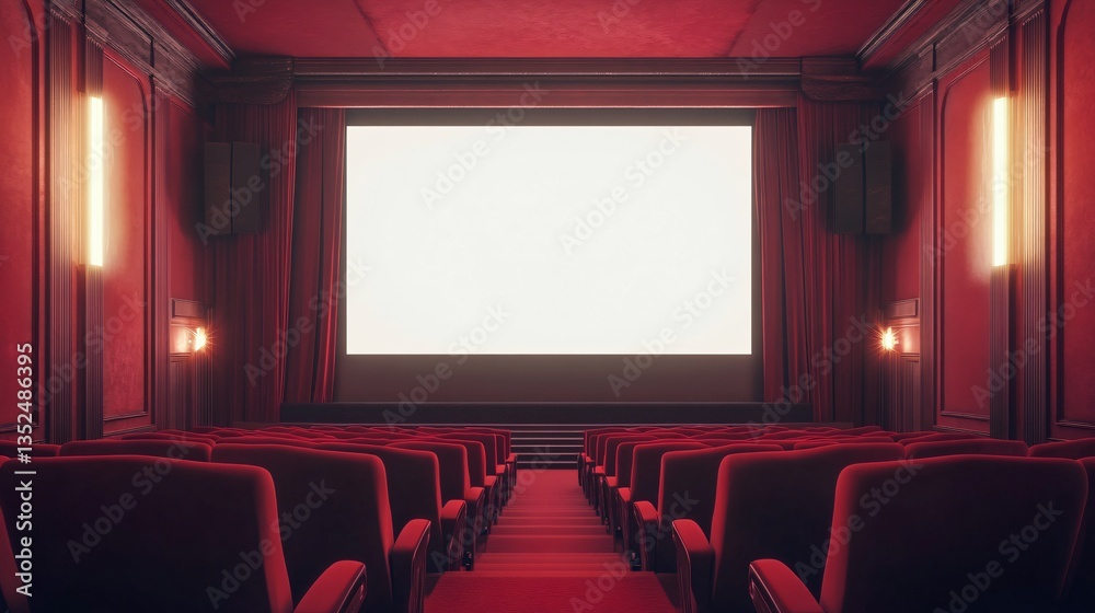 Fototapeta premium Red-themed cinema interior with vibrant decor, plush seating, and a cinematic atmosphere, capturing the essence of a modern movie theater experience with a bold and energetic design.