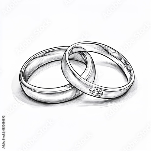 Elegant Wedding Rings Sketch, grayscale, symbolizing commitment and marriage on white background with copy space