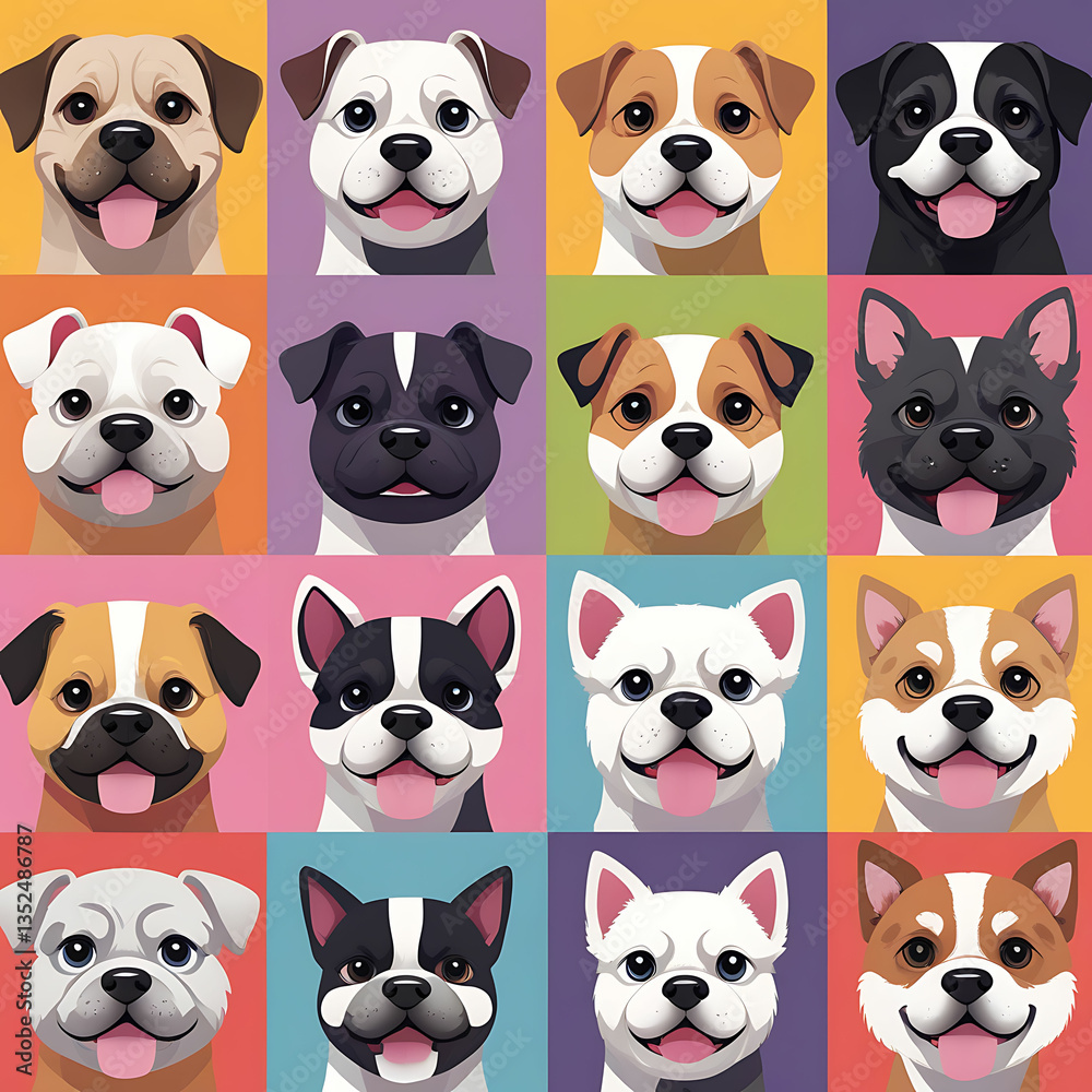 Obraz premium Variety of Dogs,Popular Dog Breeds,Cute and smile dog heads doodle vector set. Comic happy dog faces character design of corgi, beagle and Cute facial expression icon of the dog.