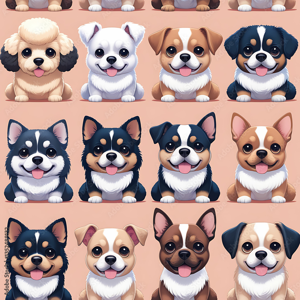 Obraz premium Variety of Dogs,Popular Dog Breeds,Cute and smile dog heads doodle vector set. Comic happy dog faces character design of corgi, beagle and Cute facial expression icon of the dog.
