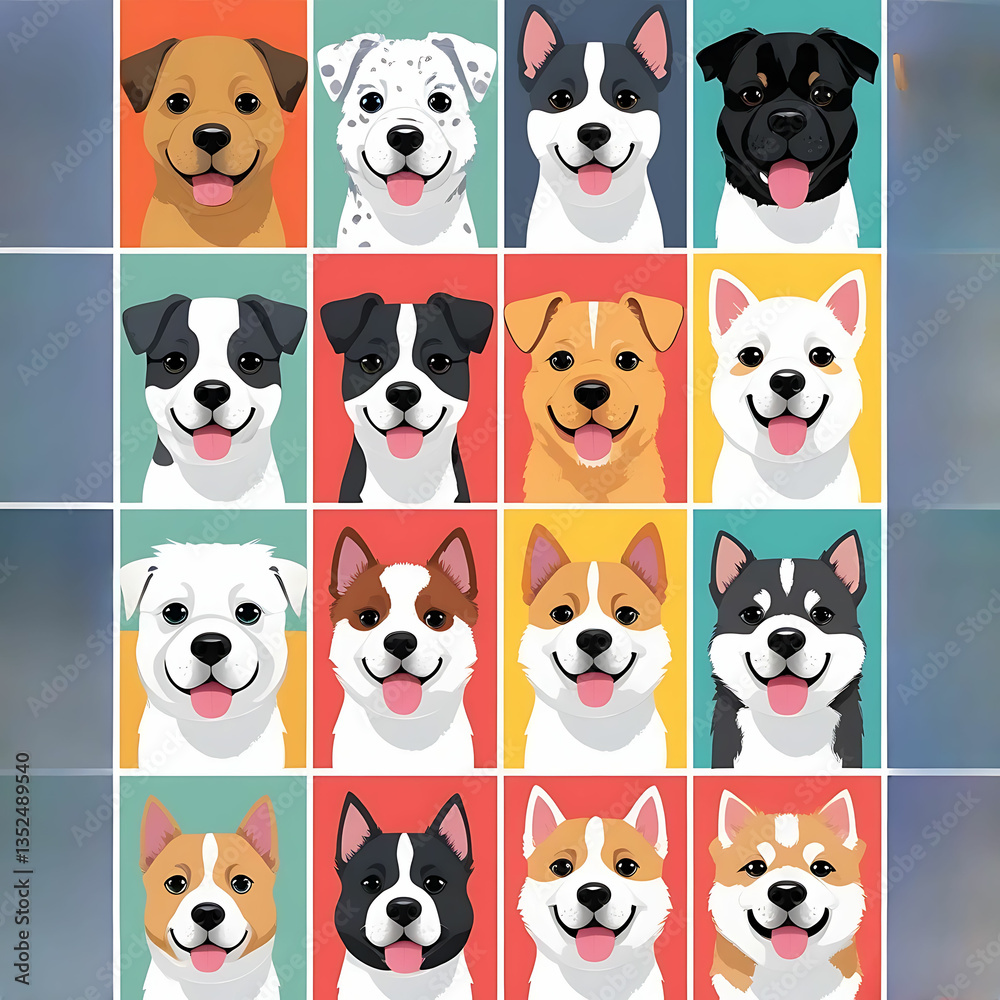 Obraz premium Variety of Dogs,Popular Dog Breeds,Cute and smile dog heads doodle vector set. Comic happy dog faces character design of corgi, beagle and Cute facial expression icon of the dog.