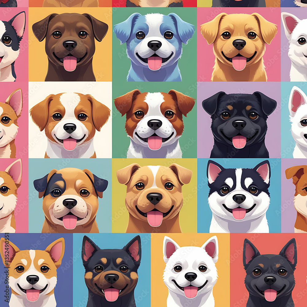 Obraz premium Variety of Dogs,Popular Dog Breeds,Cute and smile dog heads doodle vector set. Comic happy dog faces character design of corgi, beagle and Cute facial expression icon of the dog.