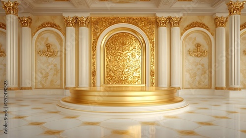 A shiny, golden podium with an intricate baroque pattern, set in a luxurious palace-like interior