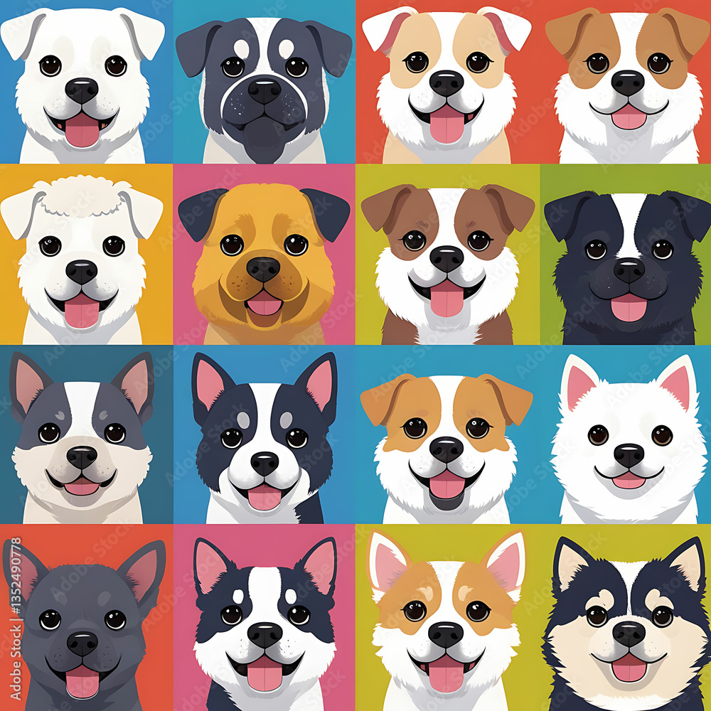 Obraz premium Variety of Dogs,Popular Dog Breeds,Cute and smile dog heads doodle vector set. Comic happy dog faces character design of corgi, beagle and Cute facial expression icon of the dog.