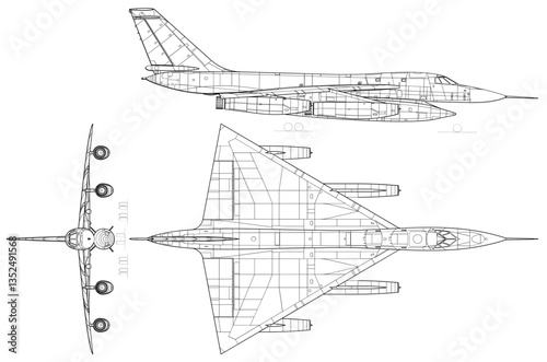 Convair_B-58_Hustler_3-view_line_drawing Blank outline vector SVG Badge, DXF, CNC Router File, Laser Engraving, Cricut Ezcad, Digital Cutting File for laser cutting 