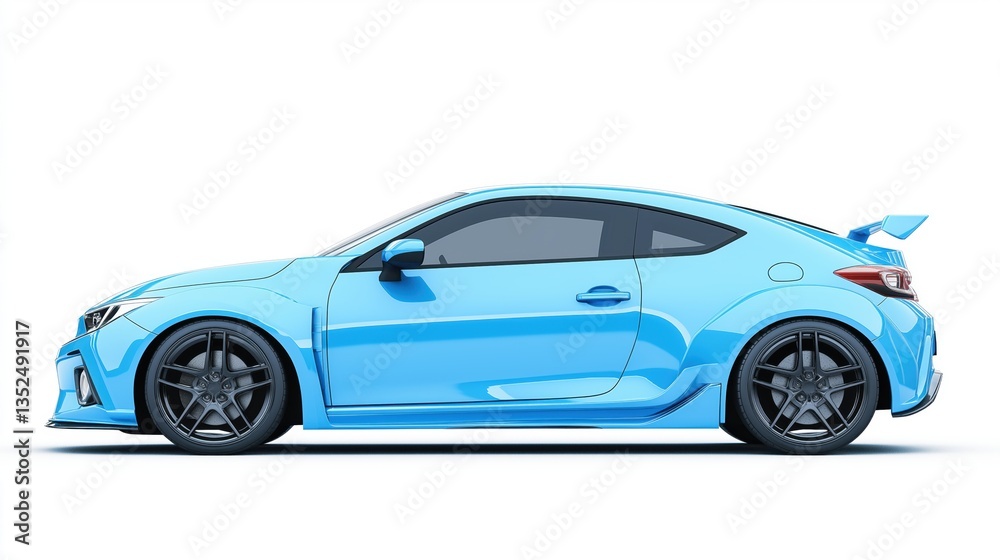 Fototapeta premium Sky blue hatchback car, rendered in photorealistic style with highly reflective surfaces