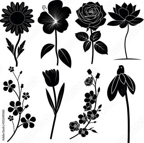 Floral Black Fill Vector Art and Illustration Set on White Background. Multi Flower Hand Drawn Sketches  for Print on Demand Business. Cute Free Hand Flower Drawing for Print Industry and more.