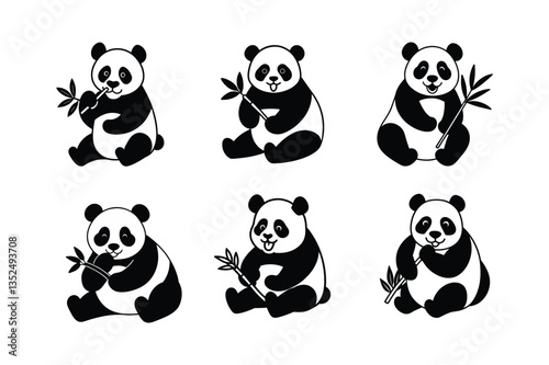 set of panda eating bamboo vector silhouette