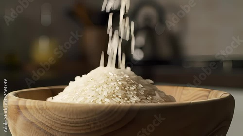 Rice is Poured Into a Wooden Bowl in a Cozy Kitchen Setting While Preparing a Meal During Evening