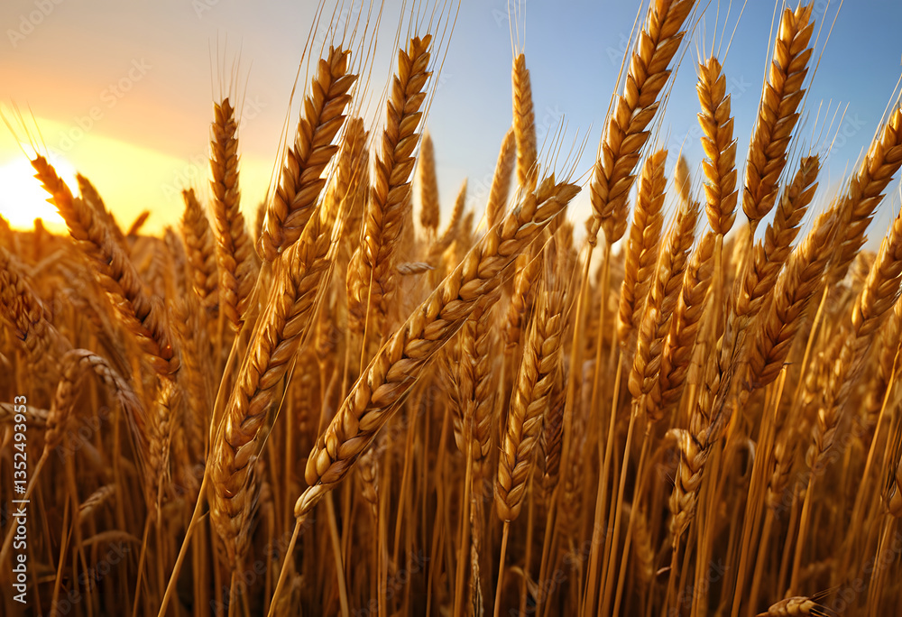 Fototapeta premium A close-up shot of ripe, golden wheat ears, heavy with grain, as they stand tall against a fading sunset.