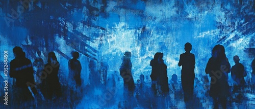 Silhouettes gather in a blue abstract landscape.