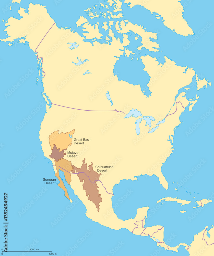 Εκτύπωση καμβά Major deserts of North America, political map of the Big Four, located in the Western USA and Northern Mexico